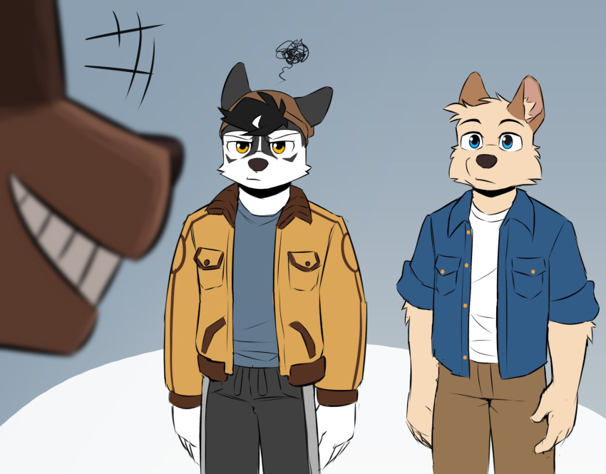 anjing_kampuss anthro biped blue_eyes canid canine canis clothed clothing domestic_dog eyebrows fingers grey_(anjing_kampuss) group hi_res inner_ear_fluff joseph_(anjing_kampuss) male mammal smile trio tuft