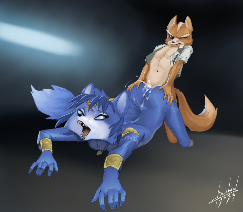 2023 5_fingers absurd_res all_fours anthro artist_name big_breasts blue_body blue_fur blue_hair blulesnsfw bodily_fluids breasts butt canid canine claws clothing cum cum_inside cum_on_butt digital_media_(artwork) duo eyelashes feet female female_penetrated fingers fox fox_mccloud from_behind_position fur genital_fluids hair hand_on_breast headgear headwear hi_res jacket jewelry kneeling krystal looking_back looking_down looking_up male male/female male_penetrating male_penetrating_female mammal navel necklace nintendo one_eye_closed open_mouth penetration sex star_fox tail teeth tongue topwear