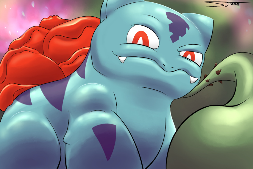 2018 3:2 blurred_background bulbasaur digital_media_(artwork) feral generation_1_pokemon looking_at_viewer low-angle_view male nintendo phyllon pokemon pokemon_(species) solo suddendraft thorns