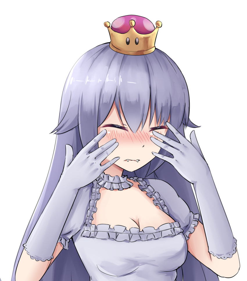1girl breasts cleavage closed_eyes crown danraz0r dress elbow_gloves gloves hair_between_eyes highres long_hair looking_at_viewer luigi's_mansion mario_(series) new_super_mario_bros._u_deluxe personification princess_king_boo shy solo super_crown white_dress white_gloves