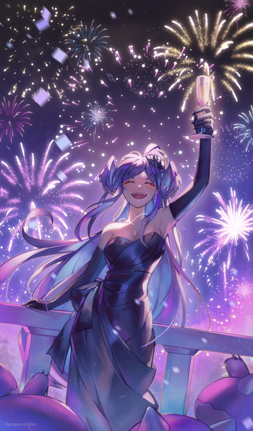 1girl absurdres aerial_fireworks alcohol armpits balcony black_dress breasts celebration champagne cleavage closed_eyes collarbone cup dragoon_(selen_tatsuki) dress earrings elbow_gloves facing_viewer fireworks flower gloves hair_flower hair_ornament hairclip head_wings highres holding holding_cup jewelry long_hair necklace night night_sky nijisanji nijisanji_en papercider pearl_necklace ponytail purple_hair selen_tatsuki sky star_(sky) strapless strapless_dress teeth toasting_(gesture) upper_teeth_only virtual_youtuber wings