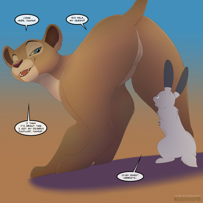 absurd_res disney duo eyeofcalamity_(character) felid female feral genitals hi_res kuroodod lagomorph larger_female leporid lion male mammal nala_(the_lion_king) pantherine pussy rabbit size_difference smaller_male the_lion_king
