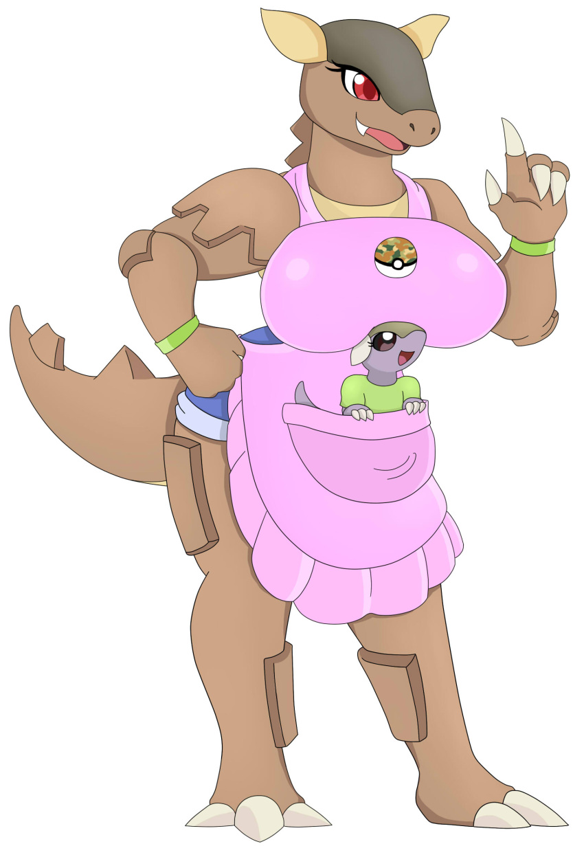 anthro apron big_breasts bottomwear bracelet breasts brown_body brown_eyes clothing daughter duo female generation_1_pokemon hi_res huge_breasts jewelry kangaskhan mother mother_and_child mother_and_daughter nintendo parent parent_and_child pokeball pokemon pokemon_(species) purple_body red_eyes shirt shorts simple_background tail teeth topwear urusee584 white_background