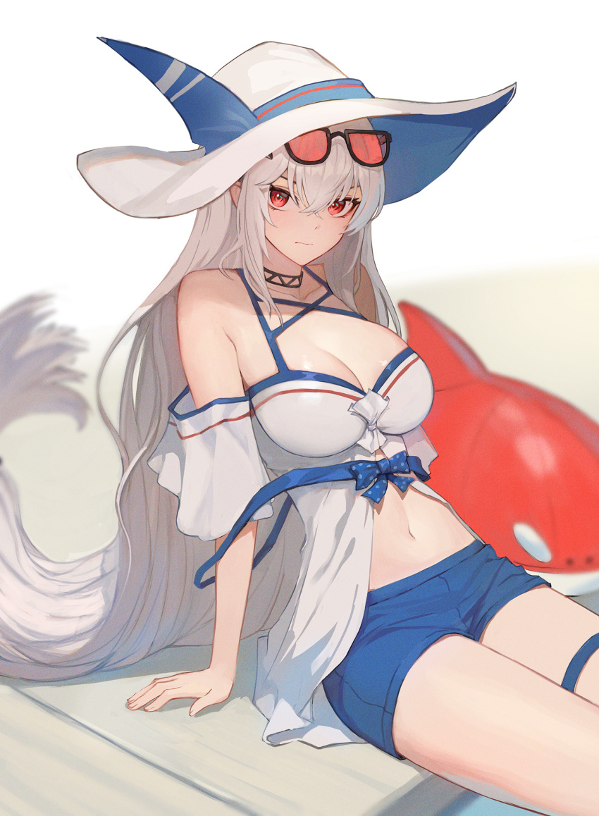 1girl arknights bare_legs blue_shorts breasts camisole cleavage closed_mouth commentary english_commentary expressionless eyewear_on_head grey_hair hair_between_eyes hat highres jason_kim large_breasts long_hair looking_at_viewer low-tied_long_hair midriff navel off-shoulder_shirt off_shoulder official_alternate_costume red_eyes revision shirt short_shorts shorts sitting skadi_(arknights) skadi_(waverider)_(arknights) solo stuffed_orca sunglasses thigh_strap thighs tinted_eyewear very_long_hair white_background white_camisole white_headwear