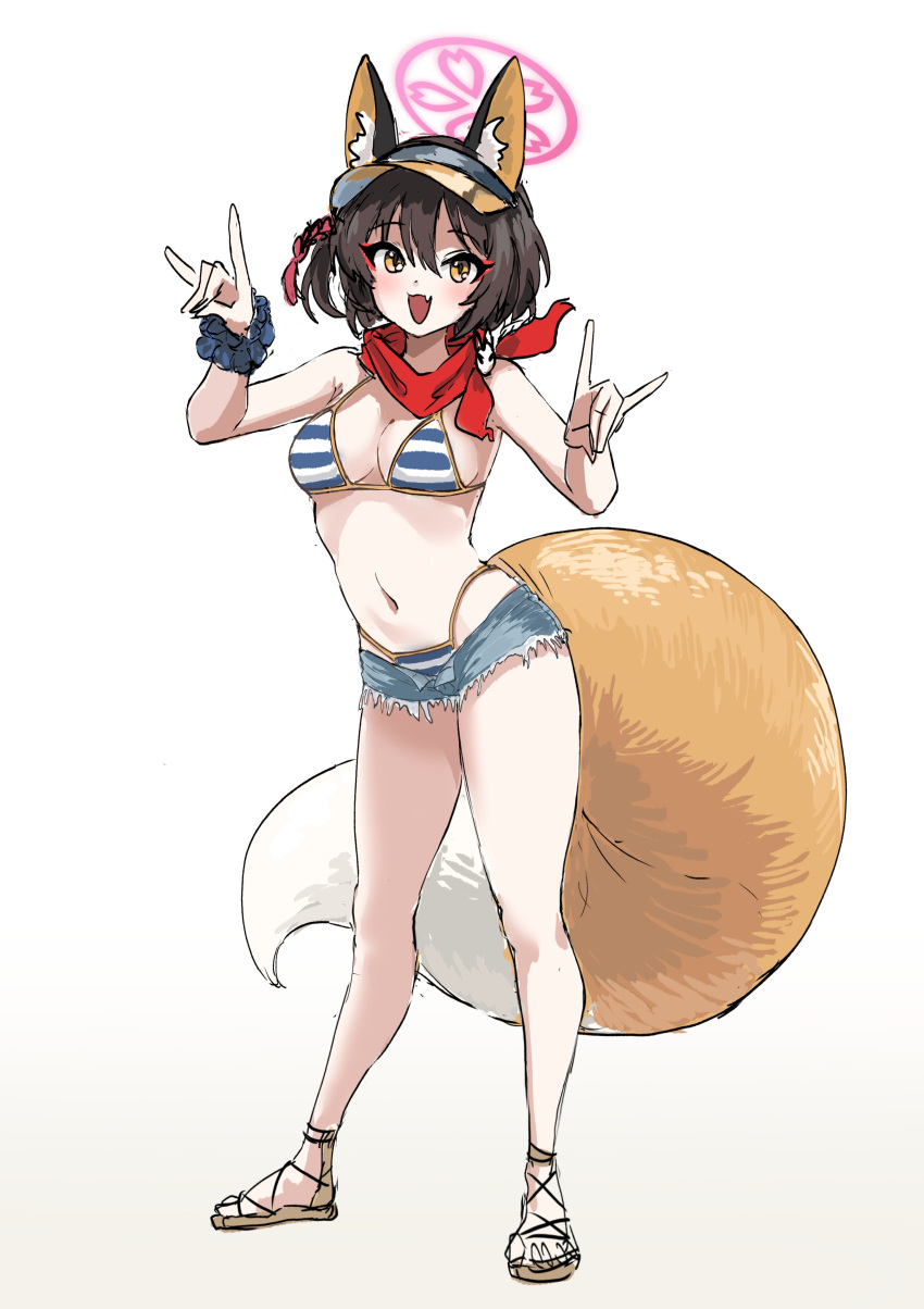 1girl absurdres animal_ears bikini blue_archive blue_bikini blush breasts brown_hair contrapposto cross-laced_sandals cutoffs denim denim_shorts double_fox_shadow_puppet eyeshadow fang fox_ears fox_girl fox_shadow_puppet fox_tail full_body halo hands_up highres izuna_(blue_archive) izuna_(swimsuit)_(blue_archive) looking_at_viewer makeup medium_breasts navel neckerchief one_side_up open_mouth red_eyeshadow red_neckerchief scrunchie short_hair shorts skin_fang smile solo standing stomach striped striped_bikini swimsuit tail ushimochi visor_cap wrist_scrunchie yellow_eyes