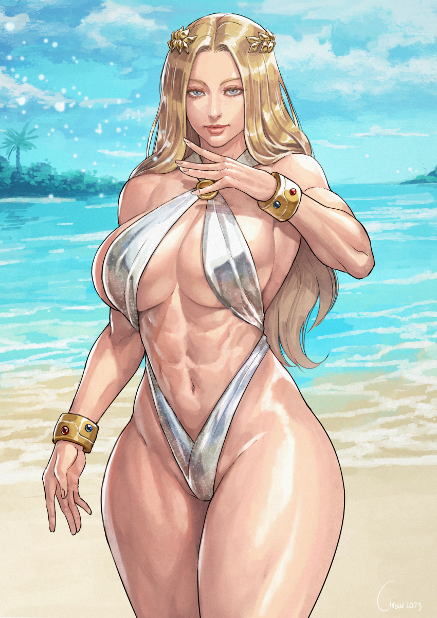 1girl abs absurdres arm_at_side armlet artist_name beach biceps bikini blonde_hair blue_sky breasts cirenk cloud covered_nipples cowboy_shot day eyeliner eyeshadow fingernails grey_eyes hand_up highres kolin large_breasts light_smile long_hair looking_at_viewer makeup mascara muscular muscular_female navel nose o-ring ocean palm_tree parted_bangs red_lips sand shiny_skin shiny_swimsuit silver_bikini sky slingshot_swimsuit solo street_fighter street_fighter_v swimsuit thick_thighs thighs tree tropical very_long_hair water water_drop