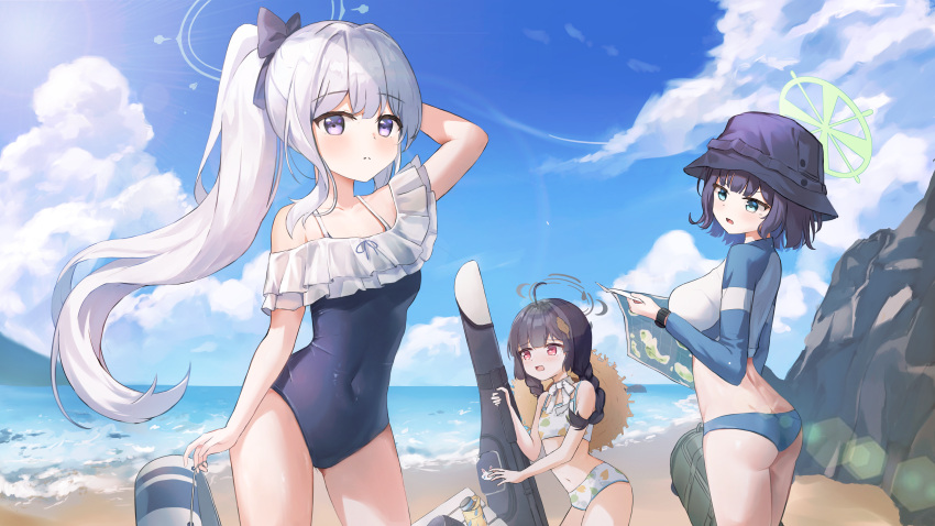 3girls 4girls absurdres ahoge beach bikini bikini_bottom_only black_hair black_headwear blue_archive blue_bikini blue_bow blue_eyes blue_halo blue_jacket blue_one-piece_swimsuit blue_sky bow braid breasts bucket_hat casual_one-piece_swimsuit closed_mouth cloud collarbone commentary covered_navel cowboy_shot frilled_one-piece_swimsuit frills green_halo grey_halo hair_bow halo hat highres holding holding_map jacket leaf leaf_on_head leaf_print long_hair long_sleeves map medium_breasts miyako_(blue_archive) miyako_(swimsuit)_(blue_archive) miyu_(blue_archive) miyu_(swimsuit)_(blue_archive) multiple_girls namoho82 ocean off-shoulder_one-piece_swimsuit off_shoulder official_alternate_costume one-piece_swimsuit open_mouth parted_lips ponytail print_bikini purple_eyes red_eyes saki_(blue_archive) saki_(swimsuit)_(blue_archive) short_hair sky small_breasts swimsuit twin_braids white_bikini white_hair