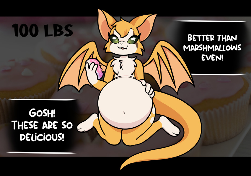 absurd_res anthro bat belly big_belly cupcake dialogue dust:_an_elysian_tail eating english_text female fidget_(elysian_tail) food fur green_eyes growth_drive hi_res kneeling mammal navel nimbat open_mouth orange_body orange_fur pompuffy_(artist) smile solo stuffing tail text weight_gain white_body white_fur wings