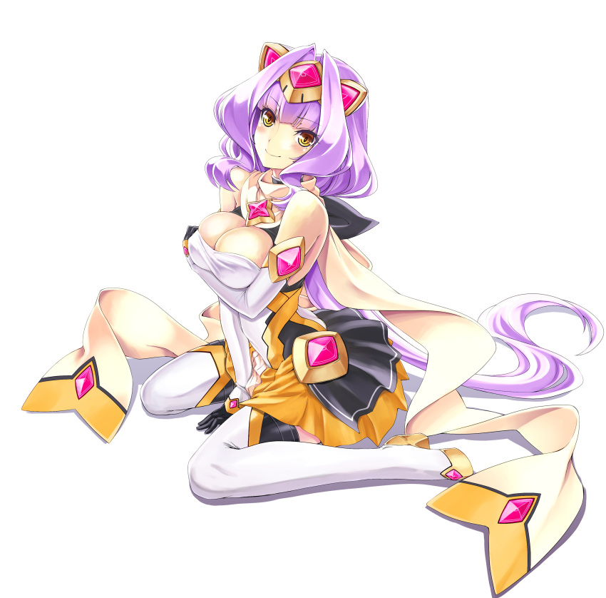 1girl absurdres arm_under_breasts azarin black_gloves blush boots breasts cleavage closed_mouth elbow_gloves exs-tia_magica full_body gloves hair_intakes highres inoino kouyoku_senki_exs-tia large_breasts long_hair looking_at_viewer lusterise magical_girl purple_hair scarf simple_background sitting skirt smile solo thigh_boots wariza white_background white_footwear white_scarf yellow_eyes yellow_skirt