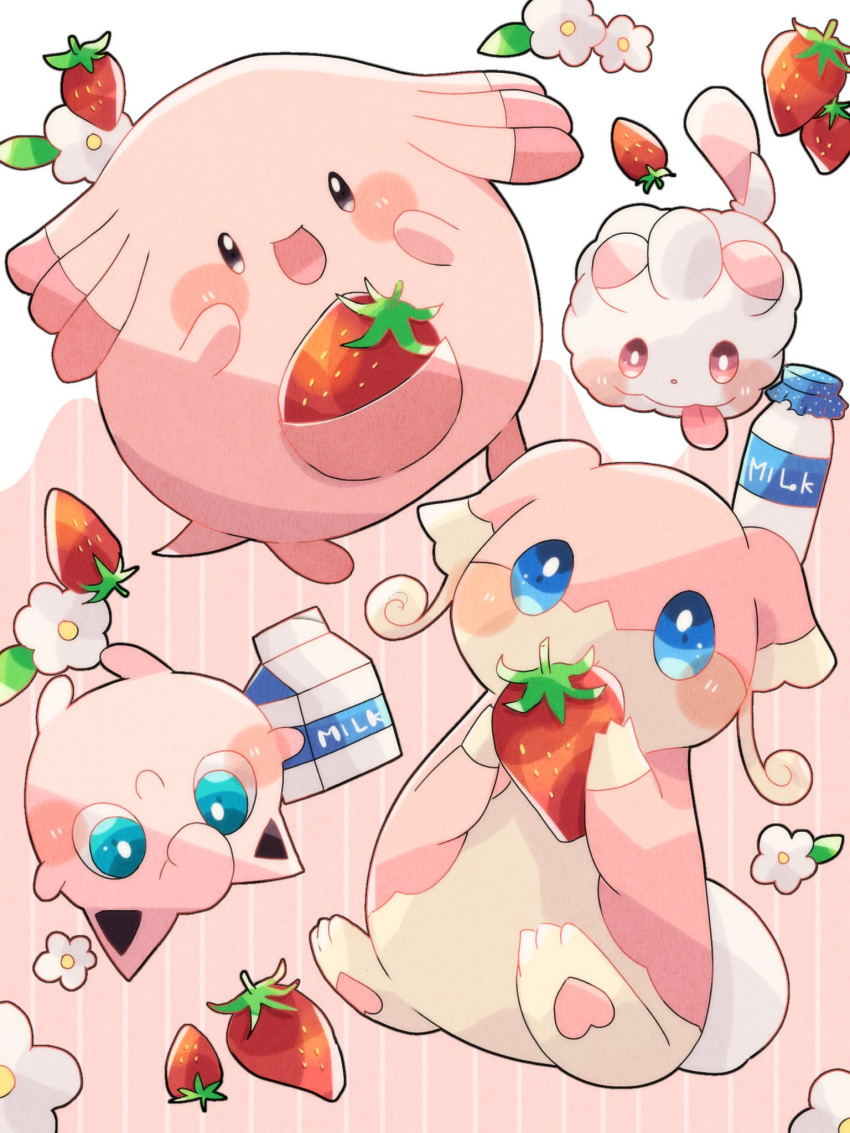 :d animal_focus audino blue_eyes bottle chansey colored_skin commentary_request eating flower food fruit hanabusaoekaki highres jigglypuff milk_bottle milk_carton no_humans pink_background pink_skin pokemon pokemon_(creature) red_eyes smile solid_oval_eyes strawberry striped striped_background swirlix tongue tongue_out upside-down white_background white_flower