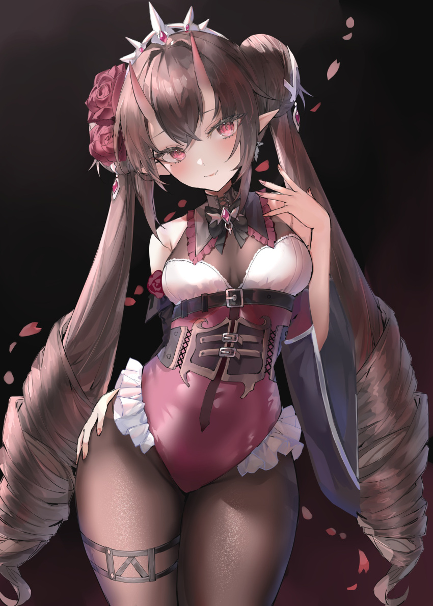 1girl bare_shoulders belt bow bowtie breasts brown_hair brown_pantyhose commission cowboy_shot crown double_bun drill_hair fang flower frilled_leotard frills hair_bun hair_flower hair_ornament hand_on_hip hand_up highres horns leotard long_hair looking_at_viewer medium_breasts oni_horns original pantyhose pointy_ears raiya_atelier red_eyes red_leotard rose skeb_commission smile solo thigh_strap thighs twin_drills twintails underbust very_long_hair