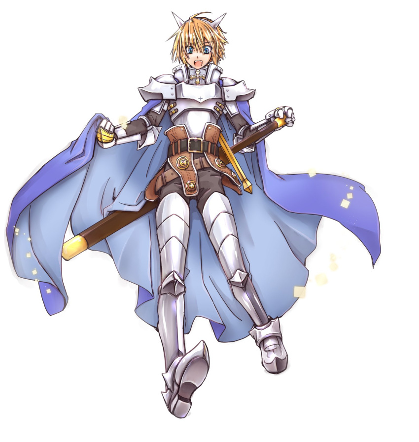 1boy :d armor armored_boots belt black_belt black_pants black_shirt blonde_hair blue_cape blue_eyes boots breastplate cape cape_hold commentary_request cross fake_horns full_body gauntlets hair_between_eyes highres holding holding_sword holding_weapon horns koizumi_(0w05070w0) leg_armor long_bangs looking_at_viewer male_focus open_mouth paladin_(ragnarok_online) pants pauldrons ragnarok_online scabbard sheath shirt short_hair shoulder_armor simple_background smile solo sword weapon white_background