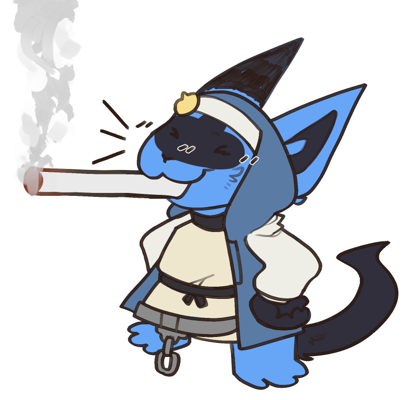 alpha_channel anthro bridget_(guilty_gear) cosplay crossover crossover_cosplay cuff_(restraint) female fluffy generation_4_pokemon guilty_gear hand_on_hip handcuffs happy hi_res j0lt lucario metal_cuffs nintendo pokemon pokemon_(species) restraints smoking smoking_weed solo unknown_artist