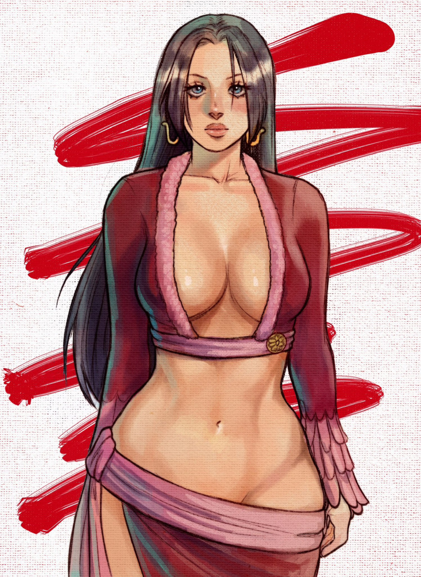 1girl black_hair blue_eyes boa_hancock breasts cleavage earrings gwenervi highres jewelry large_breasts long_hair long_sleeves looking_at_viewer midriff navel no_panties one_piece red_skirt skirt snake_earrings