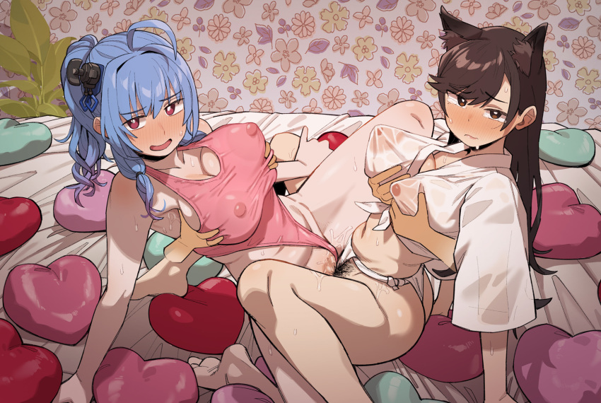 2girls ahoge alternate_costume animal_ear_fluff animal_ears arm_support armpits ass atago_(azur_lane) azur_lane blue_hair blush breasts brown_eyes brown_hair cleavage closed_mouth clothing_aside commentary covered_nipples disembodied_limb extra_ears female_pubic_hair floral_print foot_out_of_frame frown fundoshi fundoshi_aside geso_smith grabbing grabbing_another's_breast heart heart_pillow highres japanese_clothes large_breasts leaning_back light_blue_hair long_hair looking_at_viewer mole mole_under_eye multiple_girls nipples on_bed one-piece_swimsuit open_mouth perky_breasts pillow pink_one-piece_swimsuit ponytail pubic_hair pussy_juice red_eyes see-through see-through_shirt shirt sidelocks sitting spread_legs st._louis_(azur_lane) sweat swept_bangs swimsuit swimsuit_aside tearing_up tears tied_shirt tribadism wallpaper_(object) white_shirt yuri