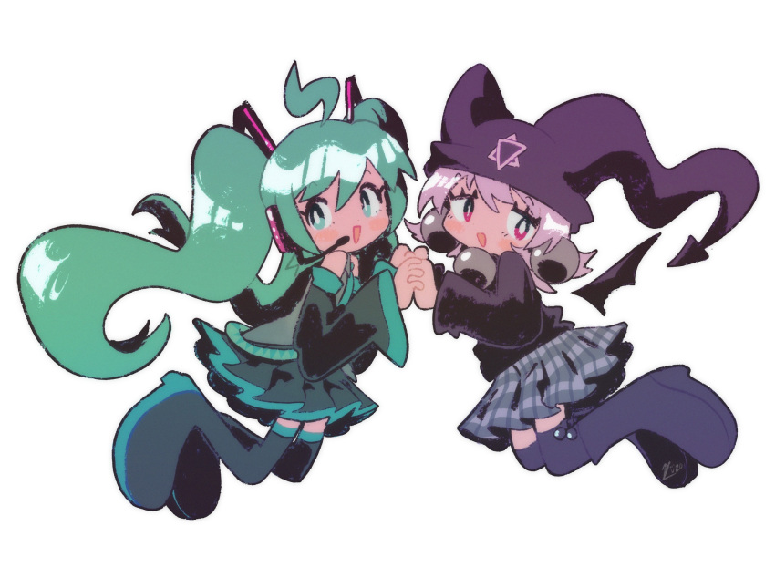2girls ahoge aqua_necktie black_footwear black_shirt black_skirt blush_stickers boots commentary crossover demon_wings detached_sleeves earrings eyelashes green_hair hat hatsune_miku headset highres holding_hands jester_cap jewelry kitchupsandwich long_hair mayura multiple_girls necktie open_mouth plaid plaid_skirt purple_hair red_eyes shirt simple_background single_earring skirt thigh_boots twintails ukagaka very_long_hair vocaloid white_background wings