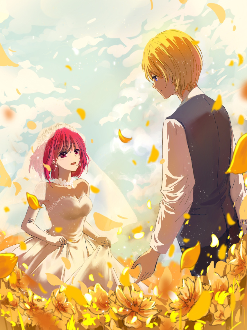 1boy 1girl arima_kana bare_shoulders blonde_hair blue_eyes blush bridal_veil choker closed_mouth clothes_lift cloud commentary dress dress_lift earrings elbow_gloves falling_petals floating_hair flower flower_choker gloves grey_vest highres hoshino_aquamarine jewelry light_particles long_sleeves looking_at_another medium_hair open_mouth oshi_no_ko petals red_eyes red_hair shirt short_hair sky smile strapless strapless_dress veil vest wedding wedding_dress white_dress white_gloves white_shirt xiang_yu_pai yellow_flower