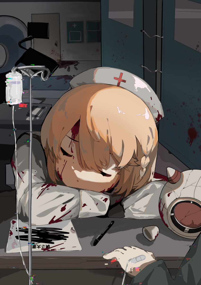 1girl 1other absurdres bandaid bandaid_on_hand black_gloves blonde_hair blood blood_on_clothes blood_on_face blood_on_wall braid broken closed_eyes cross crossed_arms desk glitch gloves green_shirt guoqiputao hat head_down highres hospital intravenous_drip iv_stand long_sleeves monitor mri_scanner nurse nurse_cap nurse_robot_type_t out_of_frame pen pool_of_blood red_cross robot shirt short_hair side_braid sidelighting sleeping_on_desk utau white_shirt