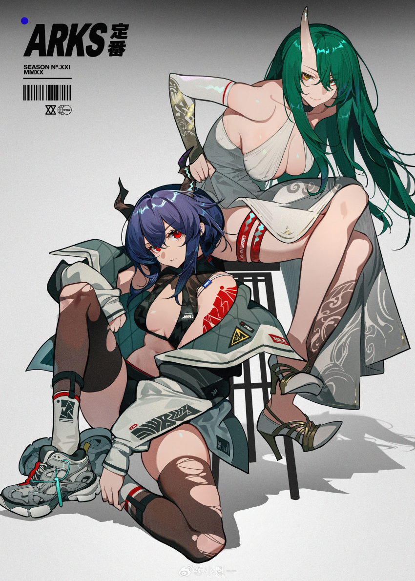 2girls absurdres alternate_costume arknights arm_tattoo arm_warmers barcode bare_shoulders black_bra black_jacket black_undershirt blue_hair bra breasts brown_thighhighs ch'en_(arknights) cleavage closed_mouth commentary_request copyright_name dragon_girl dragon_horns dress english_text expressionless full_body green_hair grey_background hachisan high_heels highres horns hoshiguma_(arknights) jacket knee_up leg_tattoo long_hair long_sleeves looking_at_viewer midriff multiple_girls navel open_clothes open_jacket plunging_neckline red_eyes shoes single_horn sitting skin-covered_horns sleeveless sleeveless_dress sneakers socks socks_over_thighhighs stool tattoo thigh_strap thighhighs torn_clothes torn_thighhighs underwear white_dress white_footwear white_jacket white_socks yellow_eyes