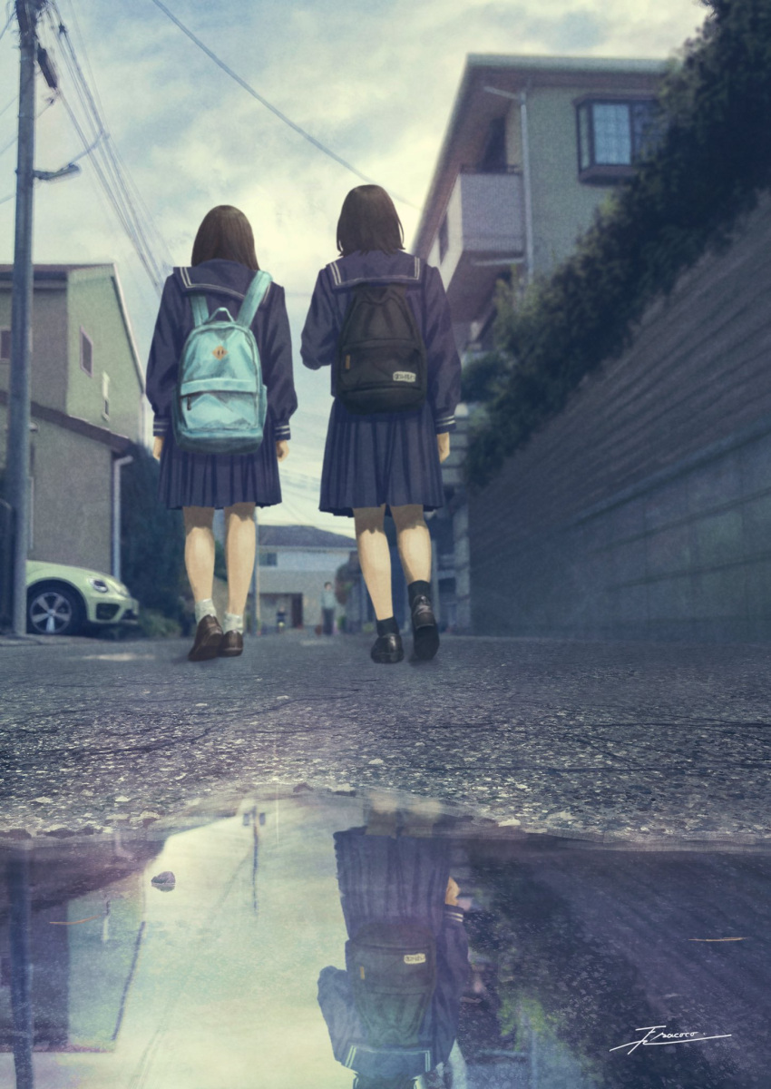 2girls backpack bag black_footwear black_hair black_socks blue_sailor_collar blue_serafuku blue_shirt blue_skirt blurry blurry_background brown_footwear brown_hair car commentary_request day depth_of_field different_reflection fracoco from_behind highres horror_(theme) house long_sleeves medium_hair motor_vehicle multiple_girls original outdoors people pleated_skirt power_lines puddle puffy_sleeves reflection road sailor_collar scenery school_uniform serafuku shirt signature skirt socks standing street utility_pole walking white_socks