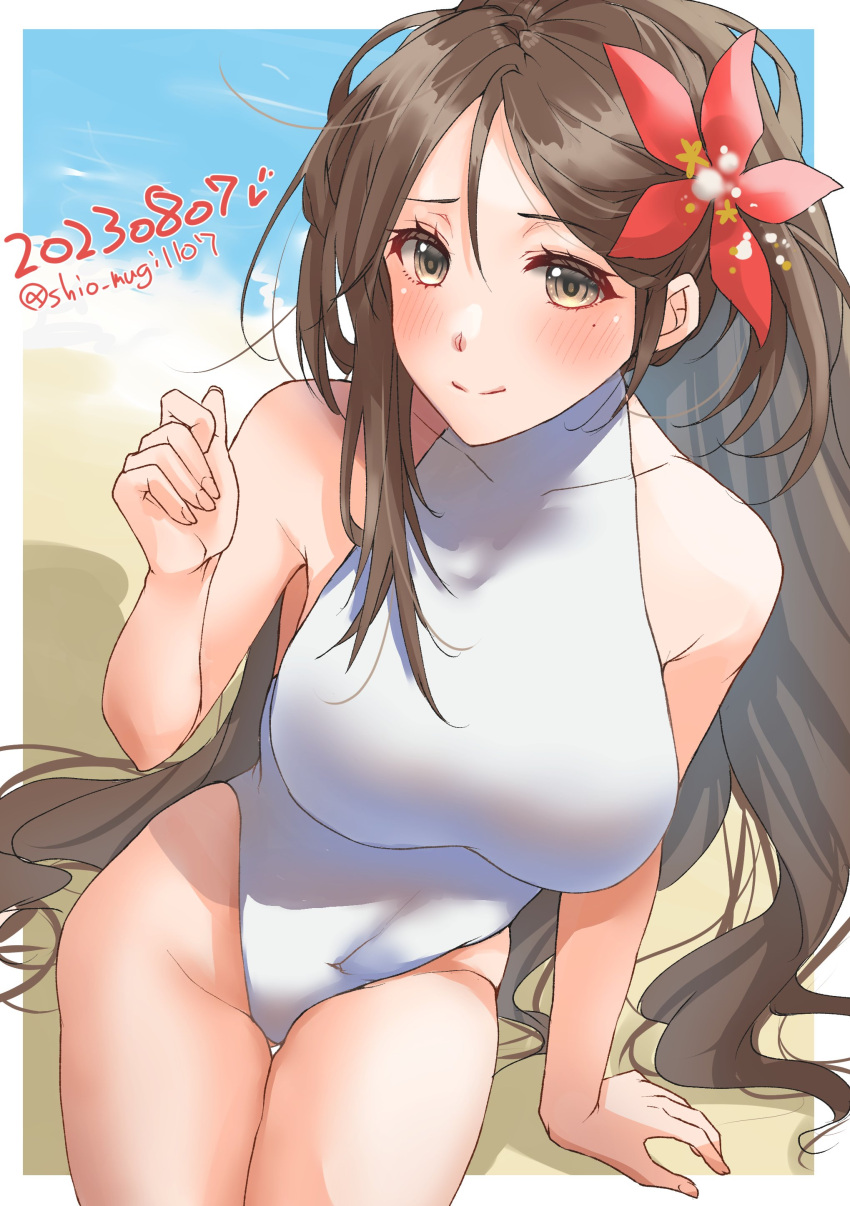 1girl absurdres amagi_(kancolle) asymmetrical_hair beach blush breasts brown_eyes brown_hair casual_one-piece_swimsuit covered_navel dated day flower hair_between_eyes hair_flower hair_ornament highres kantai_collection large_breasts leaf leaf_hair_ornament long_hair looking_at_viewer maple_leaf mole mole_under_eye one-piece_swimsuit open_mouth ponytail sand shio_mugi1107 solo swimsuit twitter_username water white_one-piece_swimsuit wide_ponytail