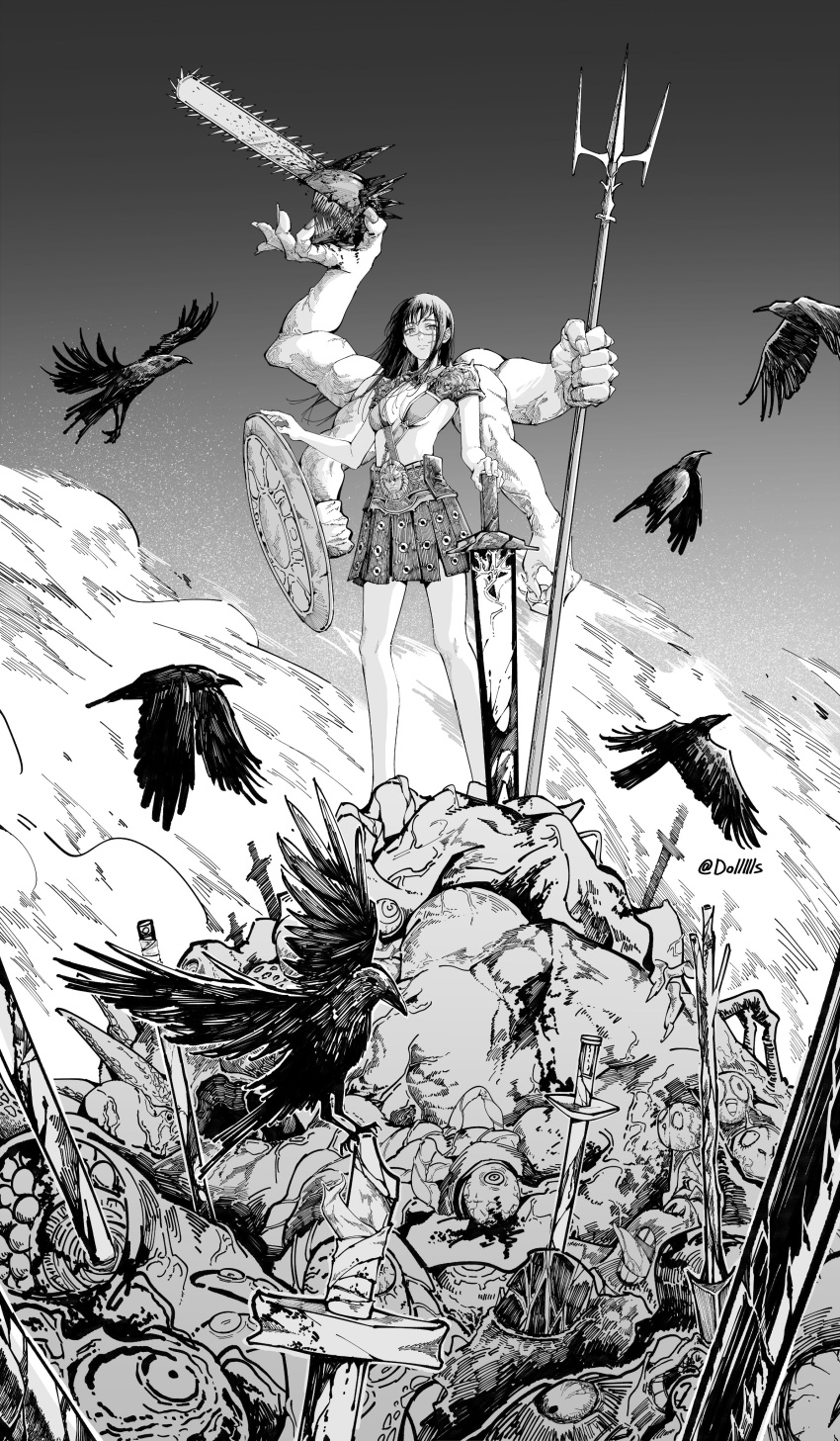 1boy 1girl absurdres armor arms_up bird black_hair blood blood_on_weapon chainsaw chainsaw_man commission corpse crow death demon denji_(chainsaw_man) dollllls2 extra_arms highres holding holding_head holding_shield holding_sword holding_trident holding_weapon leather_skirt long_hair looking_at_viewer monochrome open_clothes oversized_limbs scar scar_on_face shield shoulder_armor sword twitter_username weapon yoru_(chainsaw_man)