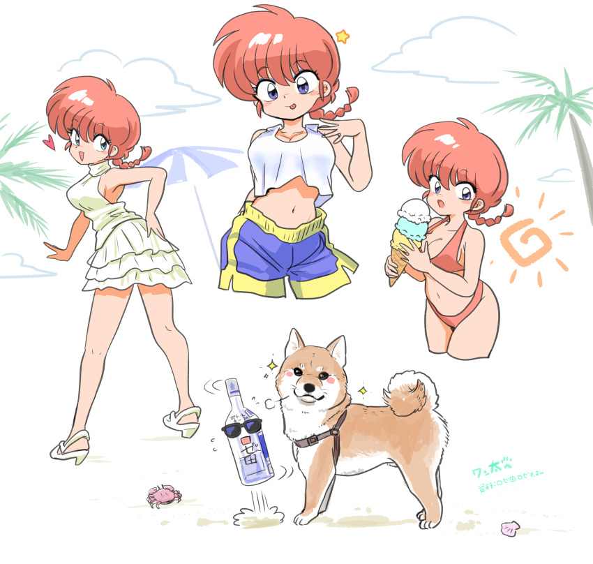 absurdres bikini blush_stickers bottle breasts cloud crab dog food happy heart highres ice_cream navel open_mouth ranma-chan ranma_1/2 red_hair shorts simple_background star_(symbol) sunglasses swimsuit variations wanta_(futoshi) white_background