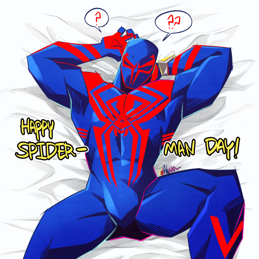 1boy ? animal_print arms_up bara blue_bodysuit bodysuit bulge english_text feet_out_of_frame from_above highres lying male_focus marvel muscular muscular_male on_back on_bed print_bodysuit red_bodysuit solo spider-man:_across_the_spider-verse spider-man_(2099) spider-man_(series) spider-verse spider_print spoken_question_mark spread_legs thighs two-tone_bodysuit v-taper volflamm