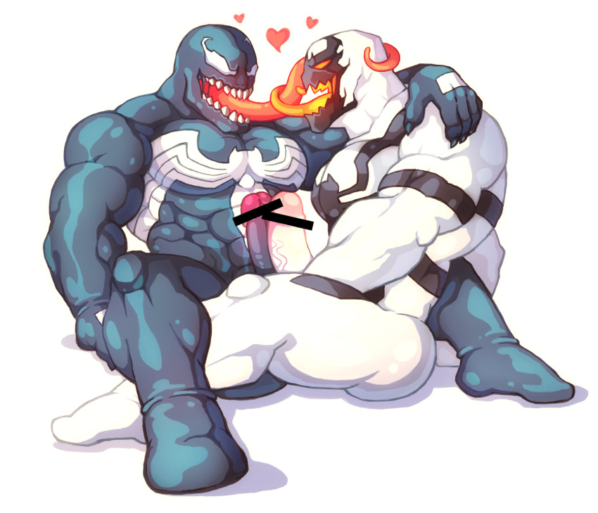 &lt;3 2015 5_fingers alien anti-venom black_body blackmonster digital_media_(artwork) duo erection eye_contact fingers french_kissing genitals hi_res humanoid_genitalia humanoid_penis kissing looking_at_another male male/male marvel muscular muscular_male penis sharp_teeth simple_background symbiote teeth tongue tongue_out vein veiny_penis venom_(marvel) white_background white_body