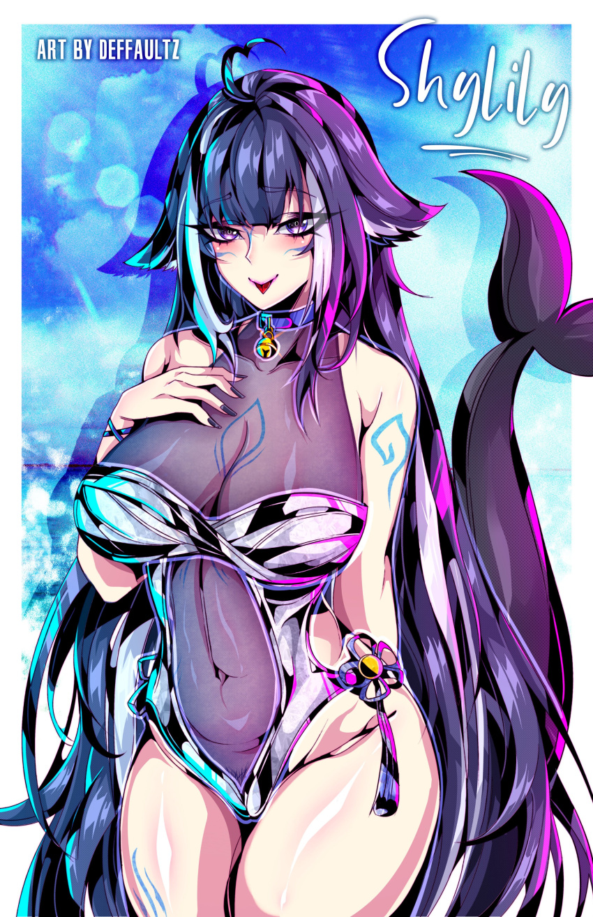 1girl absurdres ahoge artist_name bare_shoulders bell black_hair black_nails blue_sky body_markings breasts cetacean_tail character_name cleavage collar collarbone covered_collarbone cowboy_shot defaultz facial_mark female_pubic_hair fins fish_tail hand_on_own_chest heart heart_ahoge highres indie_virtual_youtuber large_breasts long_hair multicolored_hair navel neck_bell orca_girl pubic_hair pubic_hair_peek purple_collar purple_eyes see-through_swimsuit shadow shylily side_cutout sky sleeveless streaked_hair swimsuit tail tongue virtual_youtuber white_hair