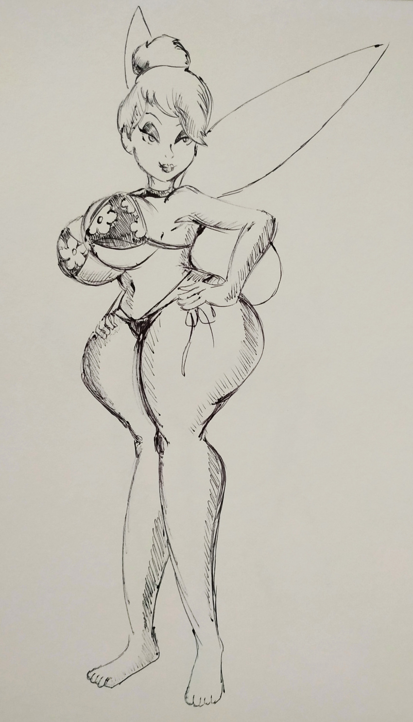 2023 absurd_res big_breasts bikini black_and_white breasts choker clothed clothing curvy_figure disney eyelashes fairy feet female fingers hair hands_on_hips hands_on_own_hips hi_res hourglass_figure humanoid jewelry monochrome navel necklace not_furry peter_pan pikapika212 short_hair side-tie_bikini side_boob sketch skimpy skimpy_bikini small_waist smile solo string_bikini swimwear thick_thighs tinker_bell_(disney) toes under_boob voluptuous wide_hips wings