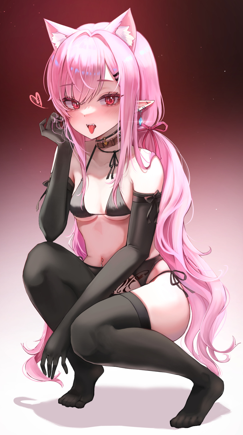 1girl absurdres bikini black_bikini black_thighhighs blush breasts collarbone commission elbow_gloves fankey gloves hair_intakes heart highres long_hair looking_at_viewer navel navel_piercing no_shoes original piercing pink_hair pubic_tattoo side-tie_bikini_bottom small_breasts solo squatting stomach swimsuit tattoo thighhighs thighs toes tongue tongue_out