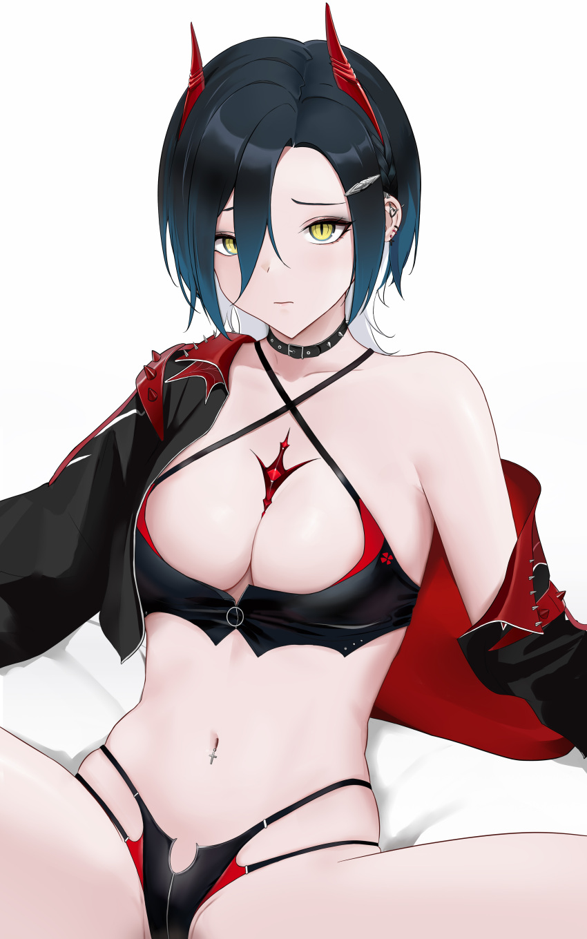 1girl absurdres azur_lane bare_shoulders black_collar black_hair breasts cleavage collar commentary cropped_jacket ear_piercing embarrassed frown hair_ornament hair_over_one_eye hairclip highleg highres horns jacket jacket_pull legs_up medium_breasts medium_hair multicolored_hair navel navel_piercing o-ring off_shoulder official_alternate_costume open_clothes open_jacket partially_unzipped piercing race_queen revealing_clothes slit_pupils solo spread_legs two-tone_hair ulrich_von_hutten_(azur_lane) ulrich_von_hutten_(ignition_matrician)_(azur_lane) wavy_mouth white_hair wo_meiyou_mao yellow_eyes