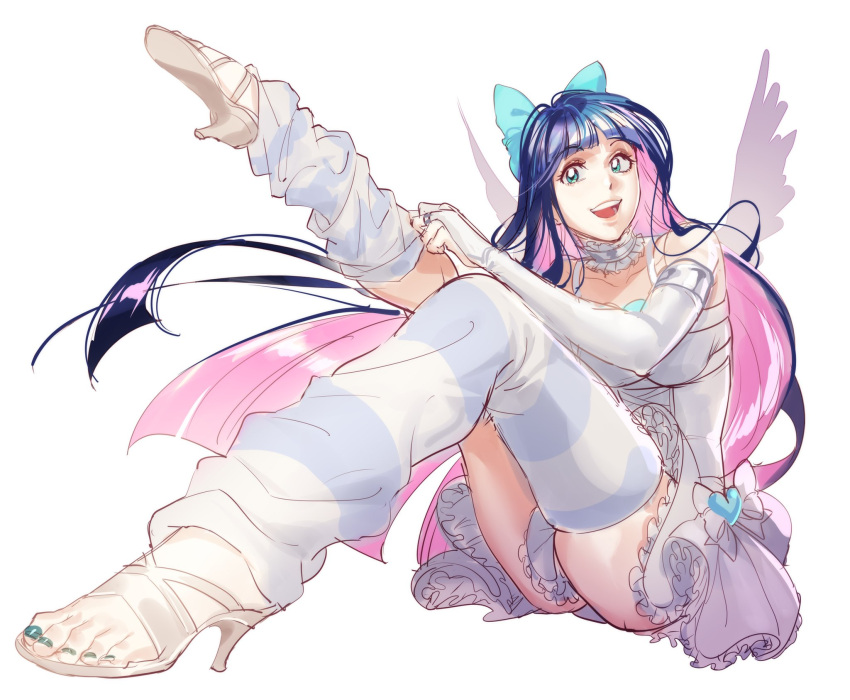 1girl angel_wings bare_shoulders blue_bow blue_hair blue_nails blunt_bangs bow colored_inner_hair dress elbow_gloves frilled_dress frills full_body gloves green_eyes hair_bow hanny_(uirusu_chan) happy high_heels highres long_hair multicolored_hair open_mouth panty_&amp;_stocking_with_garterbelt pink_hair solo stocking_(psg) striped striped_thighhighs teeth thighhighs two-tone_hair upper_teeth_only white_background white_dress wings