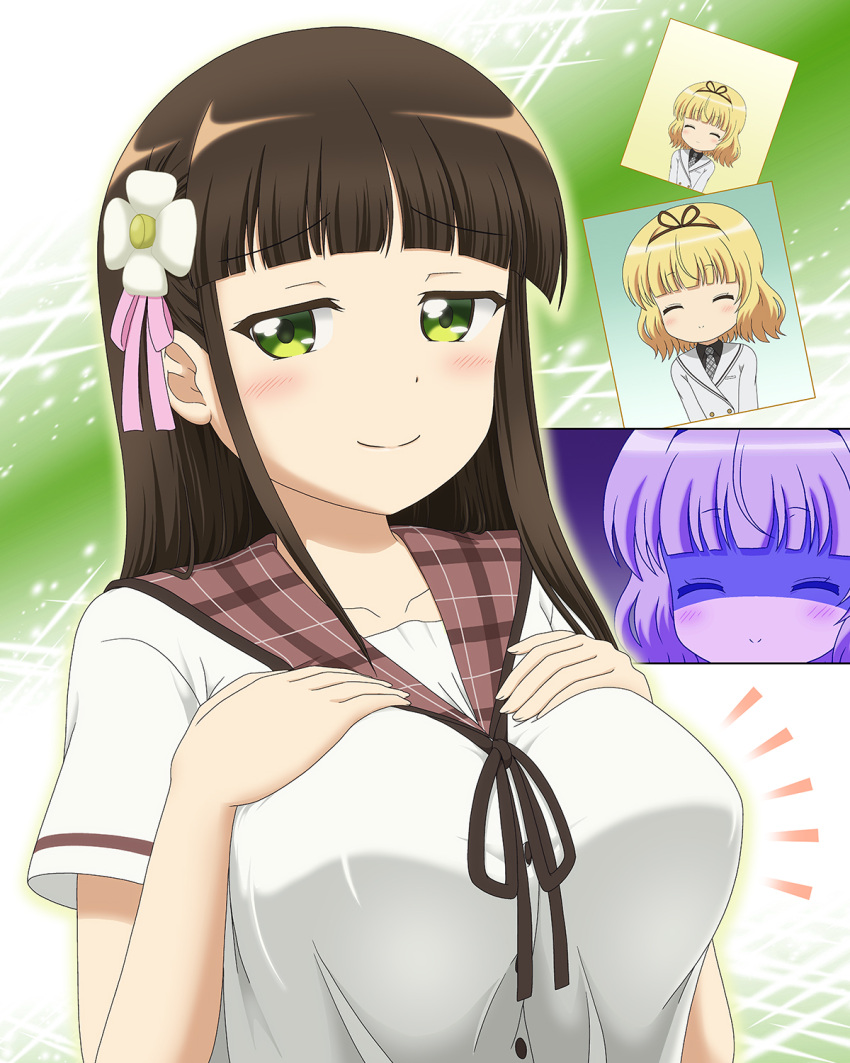 2girls black_ribbon black_shirt blazer blonde_hair blouse blunt_bangs blush breast_envy breasts brown_hair closed_eyes closed_mouth collarbone commentary_request facing_viewer flat_chest flower gochuumon_wa_usagi_desu_ka? green_background green_eyes green_outline grey_necktie hair_flower hair_ornament hair_ribbon hands_on_own_chest highres hoto_cocoa's_school_uniform jacket kingindou_yumeji kirima_syaro large_breasts long_hair long_sleeves looking_at_viewer multiple_girls neck_ribbon necktie outline pink_ribbon plaid_necktie plaid_sailor_collar red_sailor_collar ribbon sailor_collar school_uniform serafuku shaded_face shirt short_hair short_sleeves smug tedeza_rize's_school_uniform two-tone_background ujimatsu_chiya upper_body wavy_hair white_background white_flower white_jacket white_shirt