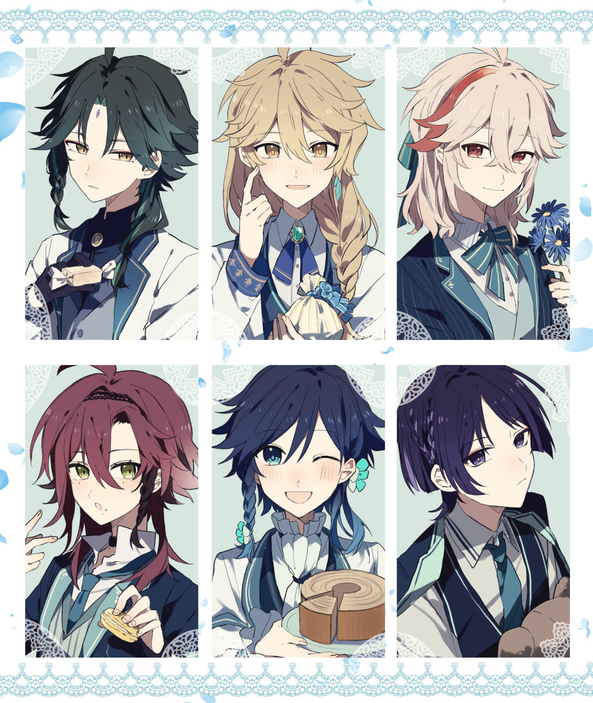 6+boys absurdres aether_(genshin_impact) ahoge aqua_eyes aqua_hair bishounen black_hair blonde_hair blue_flower braid cake candy flower food formal genshin_impact green_eyes highres kaedehara_kazuha long_hair looking_at_viewer multicolored_hair multiple_boys one_eye_closed purple_eyes purple_hair red_eyes red_hair ryu_genshin77 scaramouche_(genshin_impact) shikanoin_heizou short_hair stuffed_animal stuffed_toy teddy_bear twin_braids venti_(genshin_impact) white_day white_hair xiao_(genshin_impact) yellow_eyes