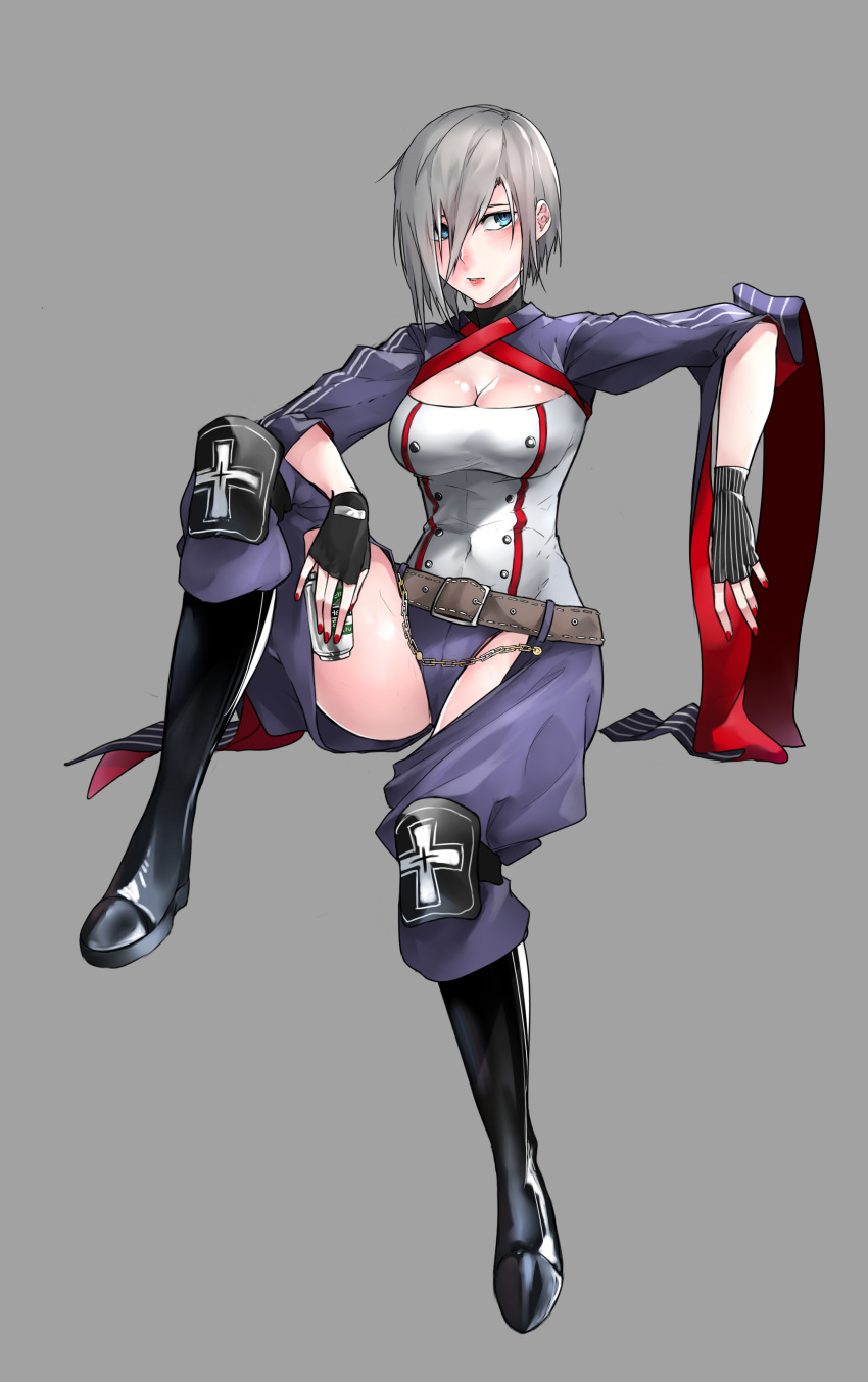 1girl absurdres beer_can belt black_footwear black_gloves blue_eyes boots breasts can chaps cleavage covered_navel fingerless_gloves full_body girls'_frontline gloves grey_background grey_hair hair_over_one_eye heineken highres holding holding_can knee_pads large_breasts leg_up mg5_(girls'_frontline) nail_polish page'as red_nails short_hair simple_background sitting solo wide_sleeves
