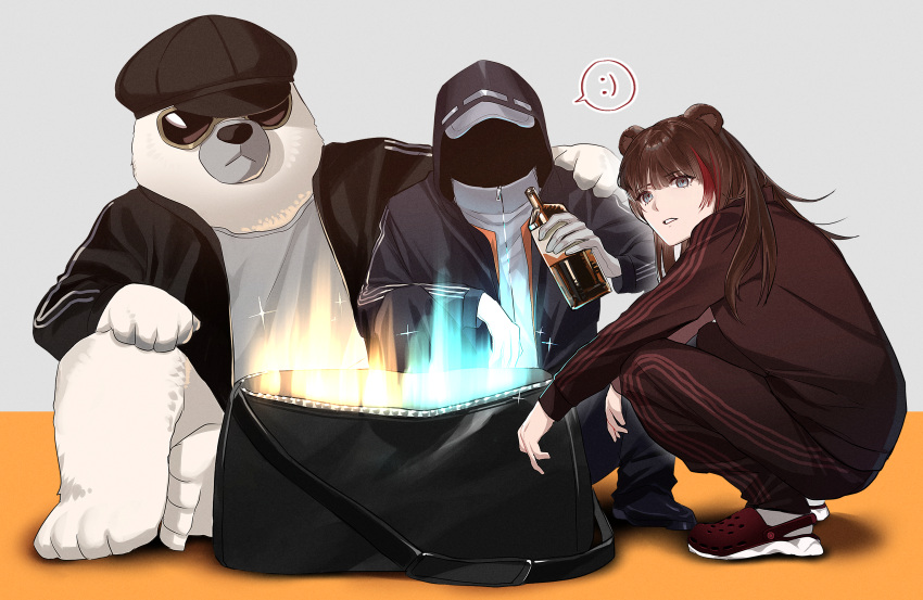 1girl 1other animal animal_ears arknights bear bear_ears black_headwear black_jacket bottle brown-framed_eyewear brown-tinted_eyewear brown_hair brown_jacket brown_pants cabbie_hat clothed_animal crocs doctor_(arknights) gloves glowing gopnik_(arknights) grey_background grey_eyes grey_shirt hat highres holding holding_bottle hood hood_up hooded_jacket jacket long_hair looking_at_viewer looking_to_the_side multicolored_hair oxy_(ho2) pants parted_lips red_footwear red_hair shirt simple_background socks spoken_expression squatting streaked_hair sunglasses tinted_eyewear track_jacket track_pants track_suit white_gloves white_socks zima_(arknights)