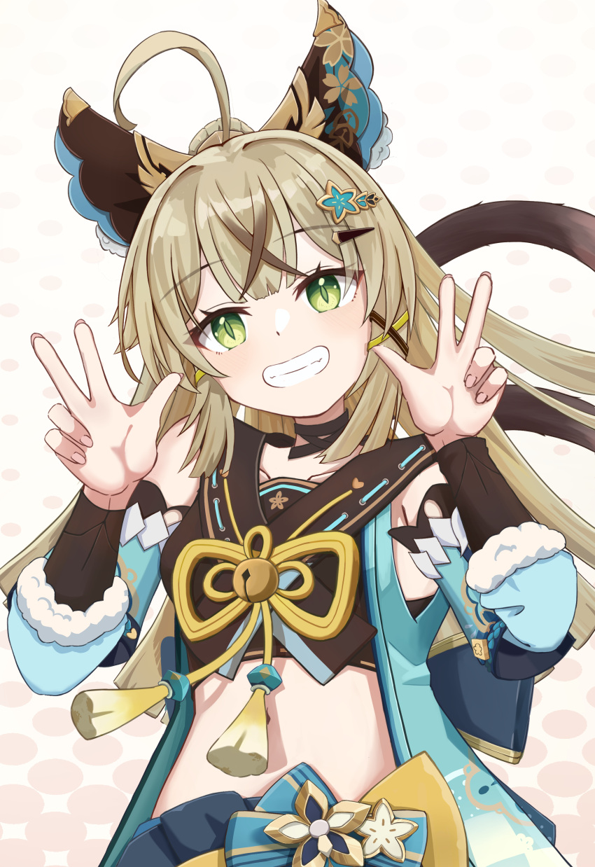 1girl absurdres ahoge animal_ears bare_shoulders black_choker black_shirt cat_ears cat_tail choker commentary_request crop_top detached_sleeves double_w elumina1213 genshin_impact green_eyes grey_hair grin hair_ornament hairclip hands_up highres kirara_(genshin_impact) long_hair long_sleeves looking_at_viewer midriff shirt smile solo stomach tail upper_body w