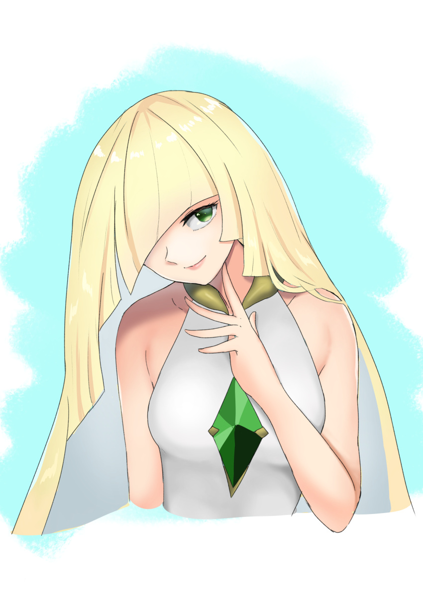 1girl absurdres bare_arms bare_shoulders blonde_hair breasts dress gem green_eyes hair_over_one_eye highres jyu_gorilla long_bangs long_hair lusamine_(pokemon) mature_female medium_breasts pokemon pokemon_(game) pokemon_sm short_dress skirt sleeveless sleeveless_dress very_long_hair white_dress white_skirt