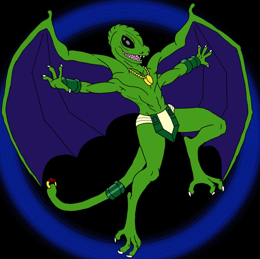 alien animal_humanoid anthro black_eyes bottomwear clothing droyne flaying green_body green_skin hi_res humanoid jewelry loincloth male mostly_nude reptile reptile_humanoid scalie scalie_humanoid solo tail traveller_rpg unknown_artist wings