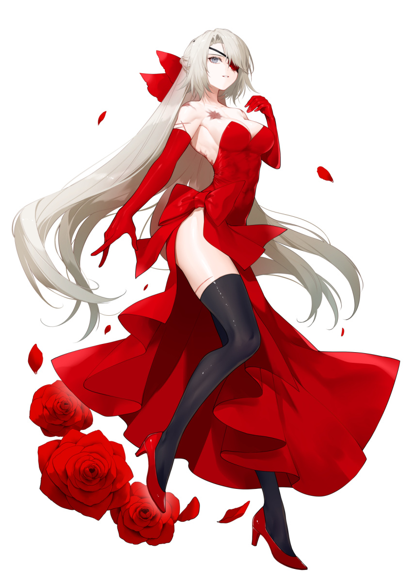 1girl bare_shoulders black_thighhighs bow breasts cleavage collarbone colored_eyepatch dress eyepatch flower full_body gloves grey_hair hair_bow hand_up high_heels highres large_bow long_hair looking_at_viewer original petals red_bow red_dress red_flower red_footwear red_rose rose scar scar_on_arm scar_on_chest scar_on_shoulders shiny_clothes shiny_skin simple_background solo strapless strapless_dress thighhighs waka_(shark_waka) white_background