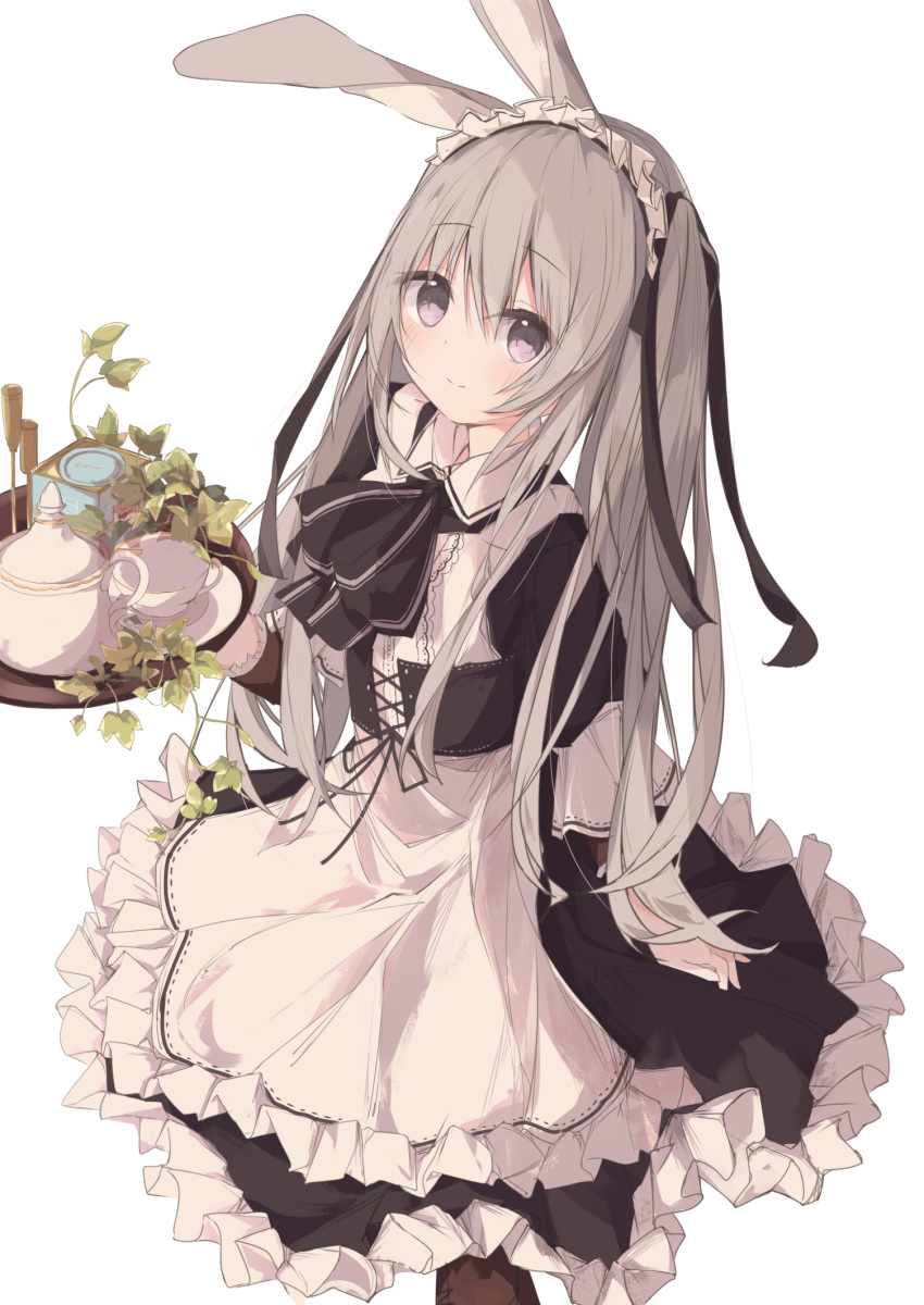 1girl animal_ears apron black_ribbon black_skirt boots brown_footwear closed_mouth commentary_request cross-laced_footwear cup frilled_apron frilled_skirt frills grey_hair hair_between_eyes hair_ribbon highres holding holding_tray kushida_you lace-up_boots long_hair looking_at_viewer maid maid_headdress original partial_commentary purple_eyes rabbit_ears ribbon saucer shirt short_sleeves simple_background skirt smile solo teacup teapot tray twintails very_long_hair white_apron white_background white_shirt