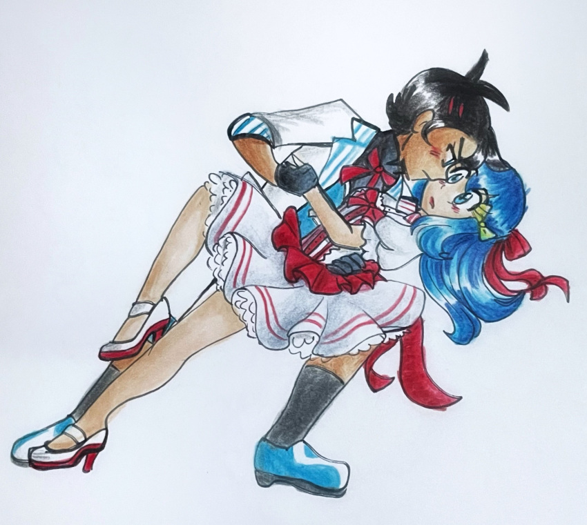 1boy 1girl black_hair blue_eyes blue_hair blush bow colored_pencil_(medium) commission commissioner_upload dancing dark-skinned_male dark_skin dawn_(pokemon) dress frilled_dress frills goh_(pokemon) highres hopefultimebubbles pokemon pokemon_(anime) pokemon_journeys red_ribbon ribbon simple_background traditional_media white_dress