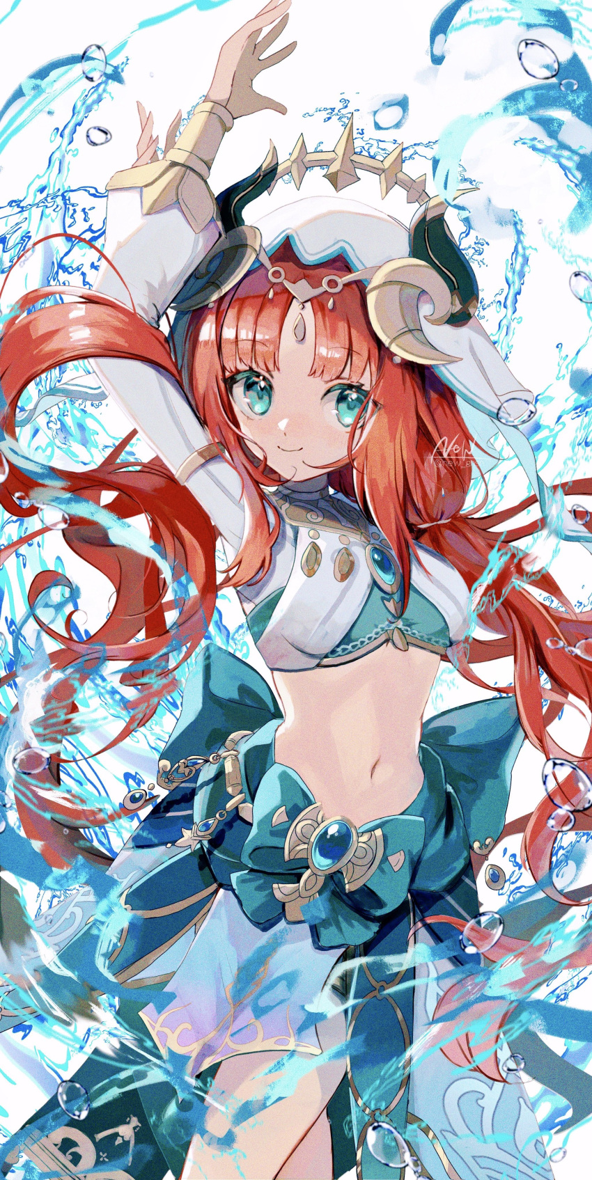 1girl absurdres aqua_eyes arms_up artist_name back_bow blue_bow blue_gemstone blue_skirt blush bow breasts circlet closed_mouth commentary crop_top fake_horns gem genshin_impact gold_trim harem_outfit highres horns jewelry long_hair long_sleeves looking_to_the_side low_twintails medium_breasts navel new_gnsn nilou_(genshin_impact) parted_bangs puffy_long_sleeves puffy_sleeves red_hair sidelocks skirt smile solo standing twintails veil water water_drop white_background white_veil