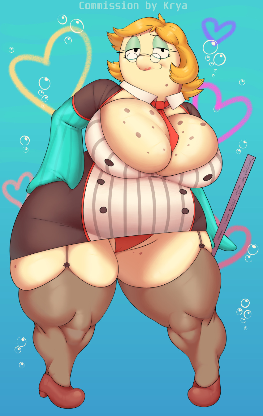 absurd_res anthro big_breasts breasts cleavage clothed clothing eyewear female fish garter_straps glasses hand_on_hip hi_res huge_breasts kryadrawgin legwear looking_at_viewer marine mrs._puff panties pufferfish ruler solo tetraodontiform thick_thighs thigh_highs underwear upskirt