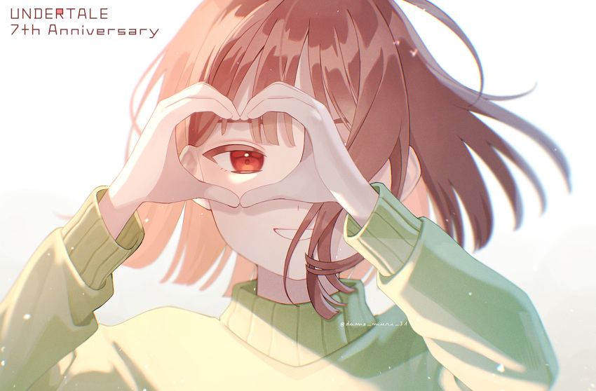 1other ake_blood androgynous anniversary artist_name blurry blurry_background bob_cut brown_hair chara_(undertale) close-up commentary copyright_name depth_of_field floating_hair frisk_(undertale) gradient_background green_sweater grin hair_over_one_eye hand_to_own_face hands_up heart heart_hands heart_hands_over_eye highres light_particles long_sleeves messy_hair parted_lips portrait red_eyes short_hair signature smile sweater twitter_username undertale white_background wind