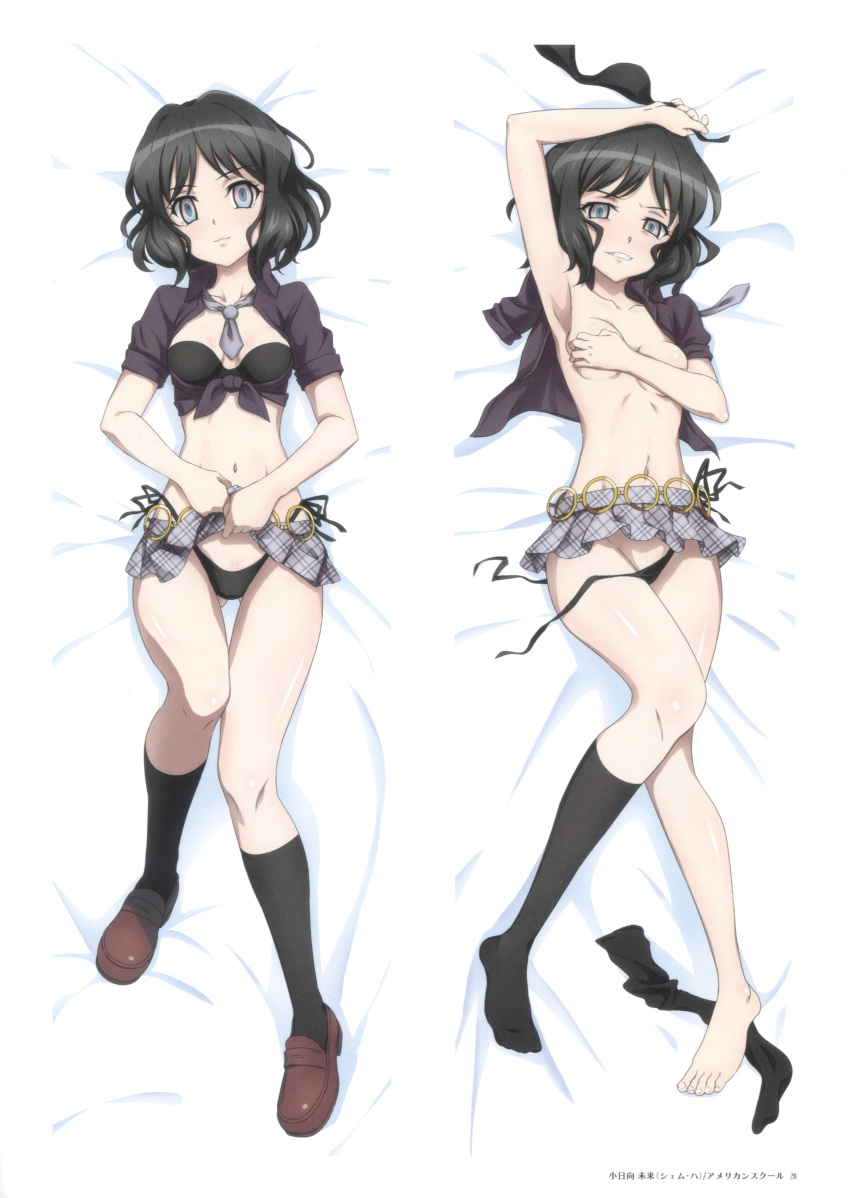 1girl absurdres black_bra black_hair black_panties black_socks blue_eyes blush bra bra_removed breasts cleavage closed_mouth covering covering_breasts fujikawa_daichi grin hair_ribbon highres kohinata_miku medium_breasts microskirt multiple_views navel no_bra non-web_source panties ribbon senki_zesshou_symphogear short_hair side-tie_panties skirt smile socks topless underwear