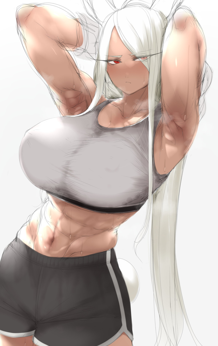 1girl abs absurdres aizawa_marimo animal_ears armpits arms_behind_head arms_up black_shorts boku_no_hero_academia breasts collarbone covered_nipples dark-skinned_female dark_skin eyes_visible_through_hair grey_sports_bra hair_over_one_eye highres large_breasts long_eyelashes long_hair looking_at_viewer midriff mirko muscular muscular_female navel parted_bangs rabbit_ears rabbit_girl rabbit_tail red_eyes shirt shorts sketch solo sports_bra steaming_body stomach sweat tail taut_clothes taut_shirt very_long_hair white_background white_hair