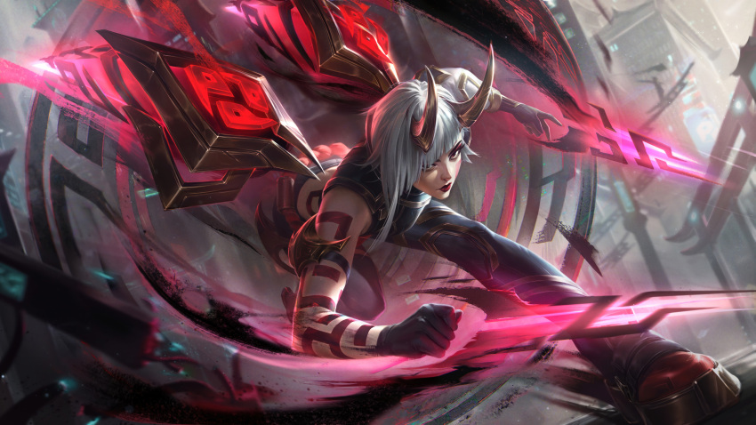 absurdres arm_tattoo belt detached_wings highres horns inkshadow_kai'sa kai'sa league_of_legends legends_of_runeterra pants red_belt tattoo tight_clothes tight_pants white_hair wings